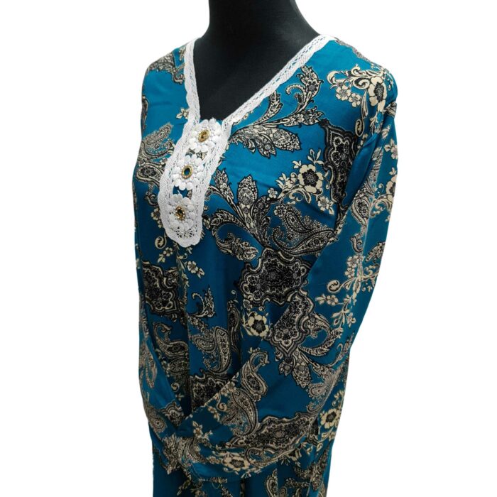 Women's Teal Blue Sequin Kaftan Floral Striped Pattern