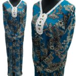 Women's Teal Blue Sequin Kaftan Floral Striped Pattern