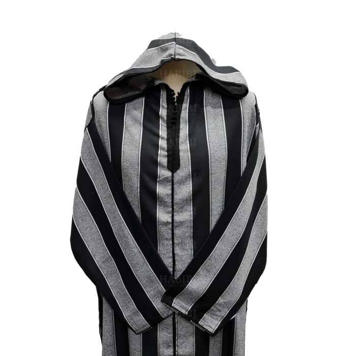 Hdmrckn 001dd Men’s Moroccan Hooeded Long Sleeve Black Grey Striped Jubba Thobe Djellaba 211911