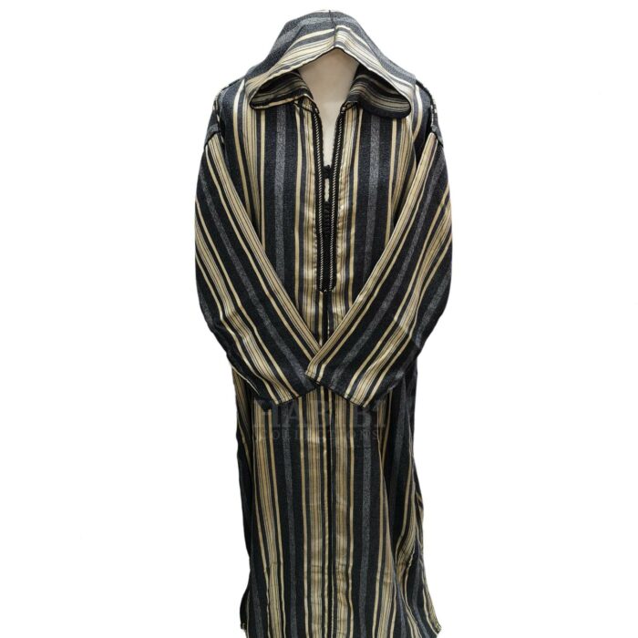 Cotton Men's Moroccan Hooded Long Sleeve Black/Gold/Grey Striped Thobe Jubba