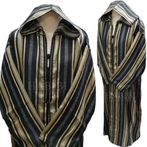 Cotton Men's Moroccan Hooded Long Sleeve Black/Gold/Grey Striped Thobe Jubba