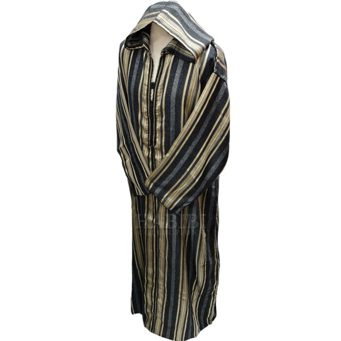 Cotton Men's Moroccan Hooded Long Sleeve Black/Gold/Grey Striped Thobe Jubba