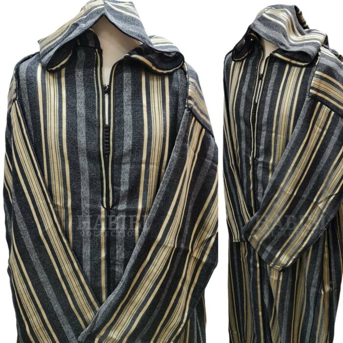 Cotton Men's Moroccan Hooded Black/Gold/Grey Long Sleeve Striped Thobe Jubba