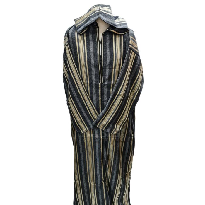 Cotton Men's Moroccan Hooded Black/Gold/Grey Long Sleeve Striped Thobe Jubba