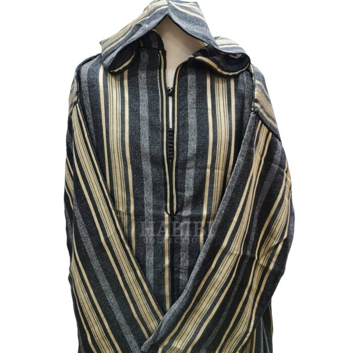 Cotton Men's Moroccan Hooded Black/Gold/Grey Long Sleeve Striped Thobe Jubba