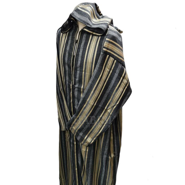 Cotton Men's Moroccan Hooded Black/Gold/Grey Long Sleeve Striped Thobe Jubba
