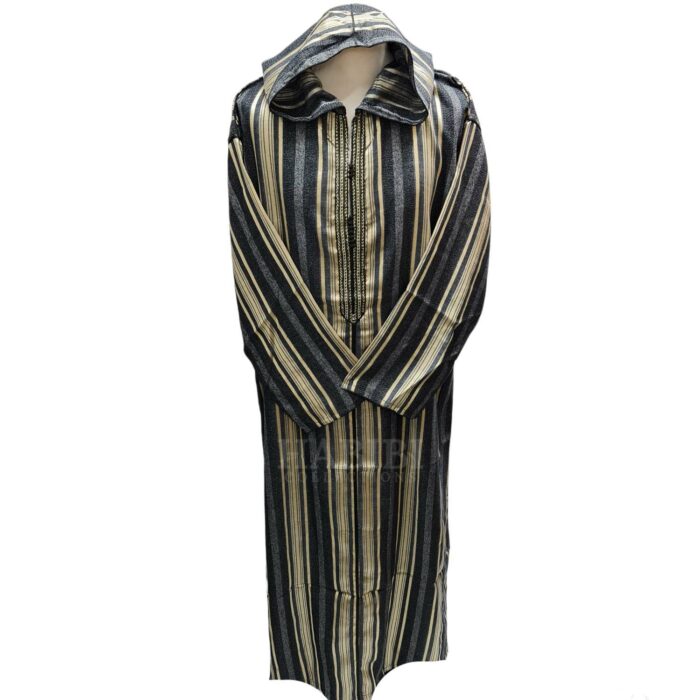 Cotton Men's Moroccan Hooded Long Sleeve Striped Thobe Black/Gold/Grey Jubba