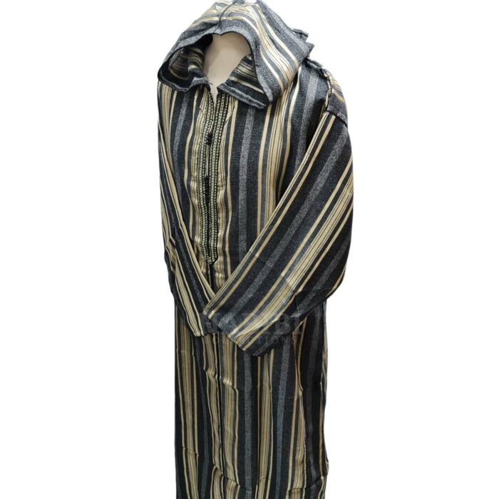 Cotton Men's Moroccan Hooded Long Sleeve Striped Thobe Black/Gold/Grey Jubba
