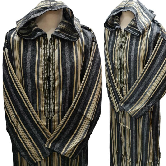 Cotton Men's Moroccan Hooded Long Sleeve Striped Thobe Black/Gold/Grey Jubba
