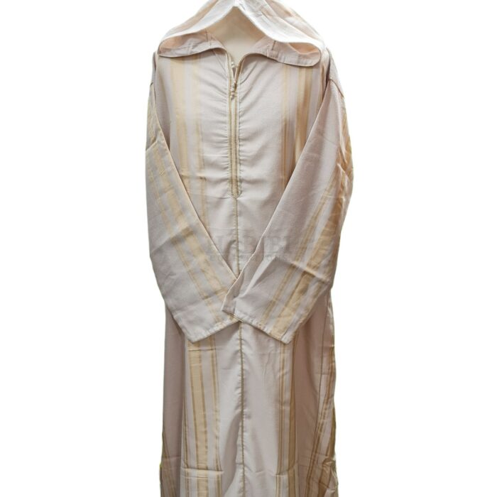 Cotton Men's Moroccan Hooded Long Sleeve Gold Beige Striped Thobe Jubba