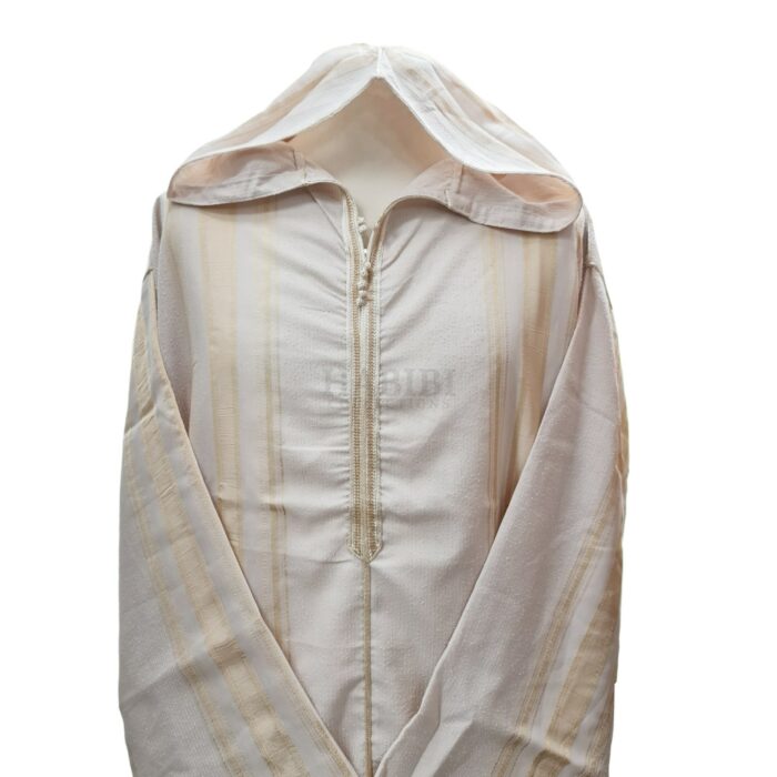 Cotton Men's Moroccan Hooded Long Sleeve Gold Beige Striped Thobe Jubba