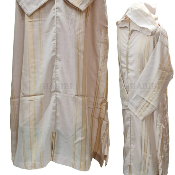 Cotton Men's Moroccan Hooded Long Sleeve Gold Beige Striped Thobe Jubba