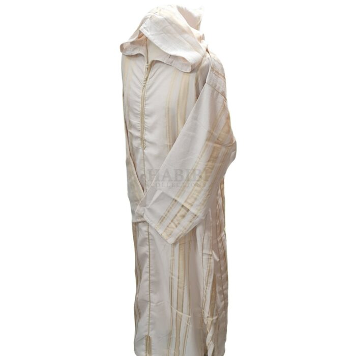 Cotton Men's Moroccan Hooded Long Sleeve Gold Beige Striped Thobe Jubba