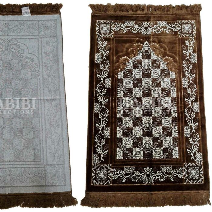 Brown Safa Islamic Floral Soft Prayer Mat from Turkey