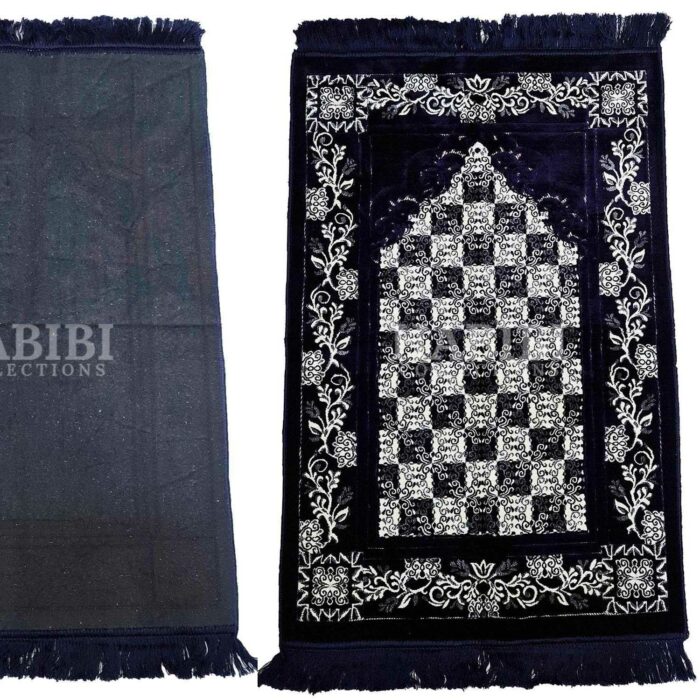 Navy Blue Safa Islamic Floral Soft Prayer Mat from Turkey