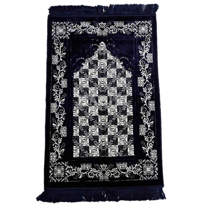Navy Blue Safa Islamic Floral Soft Prayer Mat from Turkey
