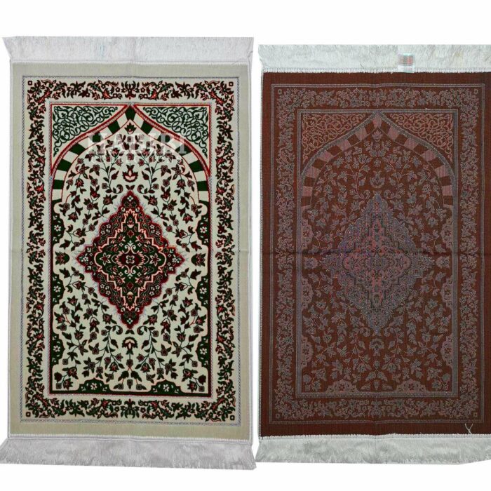 Islamic Floral Rawda Prayer Mat from Turkey. A luxurious high quality brand new style prayer mat with very high quality tassels and nice padding. Brand new style prayer mat. High Quality New Design. Size 27" x 44" - Weight: 600g-620g (approximate)