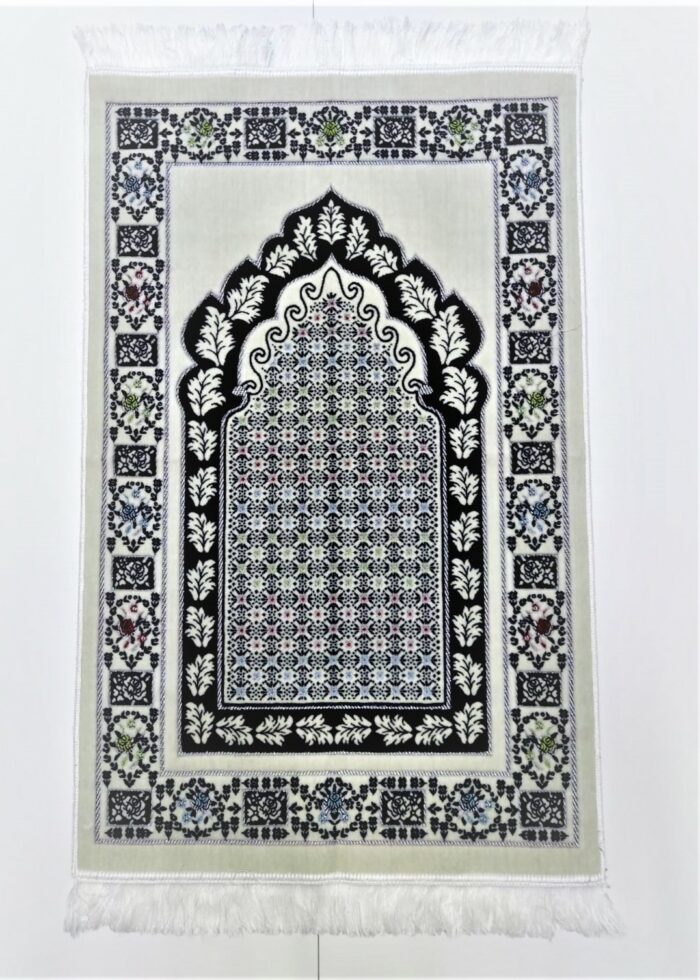 Off-White/Navy Floral Pattern Prayer Mat Musallah Janamaz