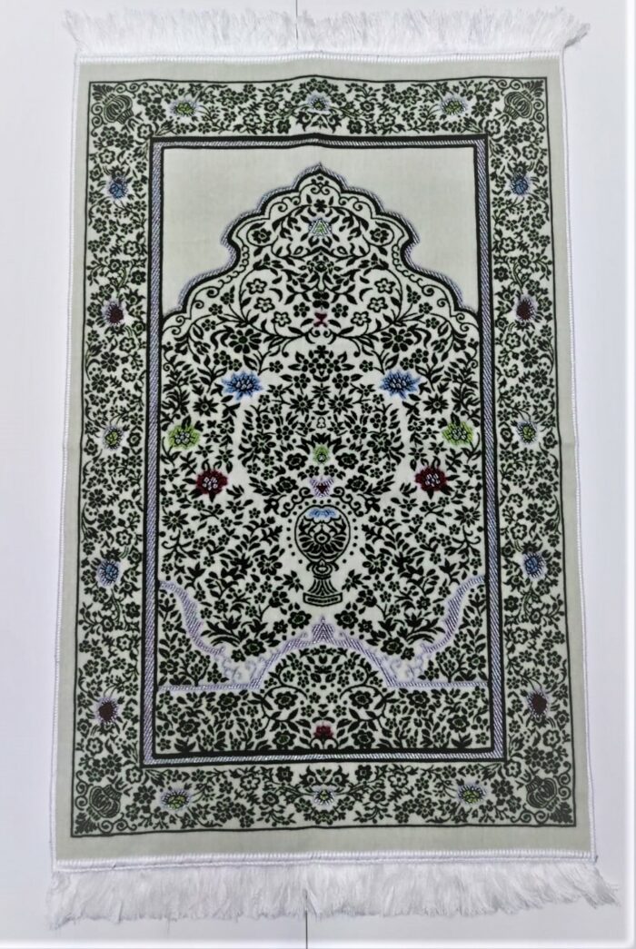 Off-White/Dark Green Floral Vase Pattern Prayer Mat Janamaz