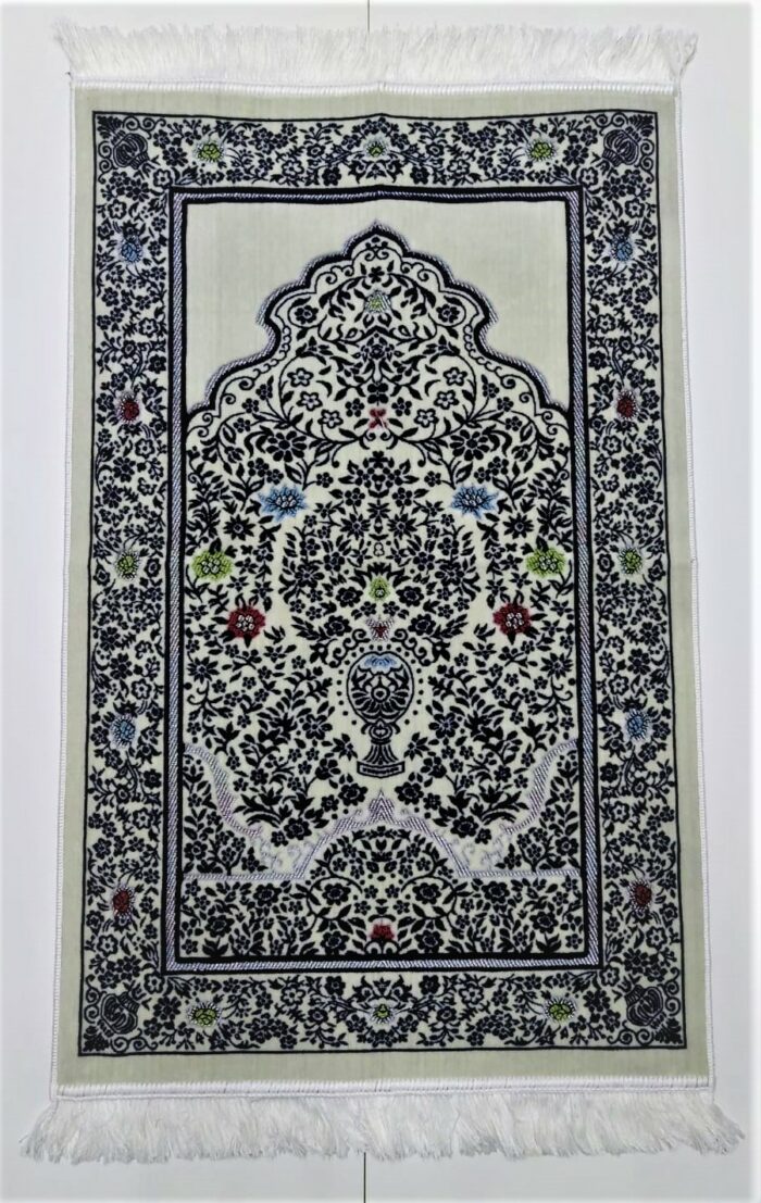 Off-White/Navy Floral Vase Pattern Prayer Mat Janamaz