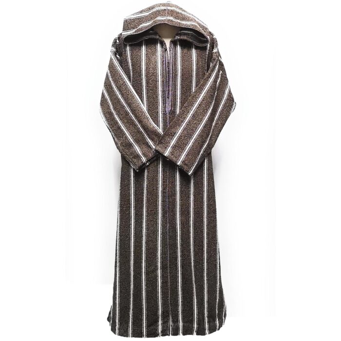 Moroccan Winter Wool Hooded Thobe Striped Brown/White