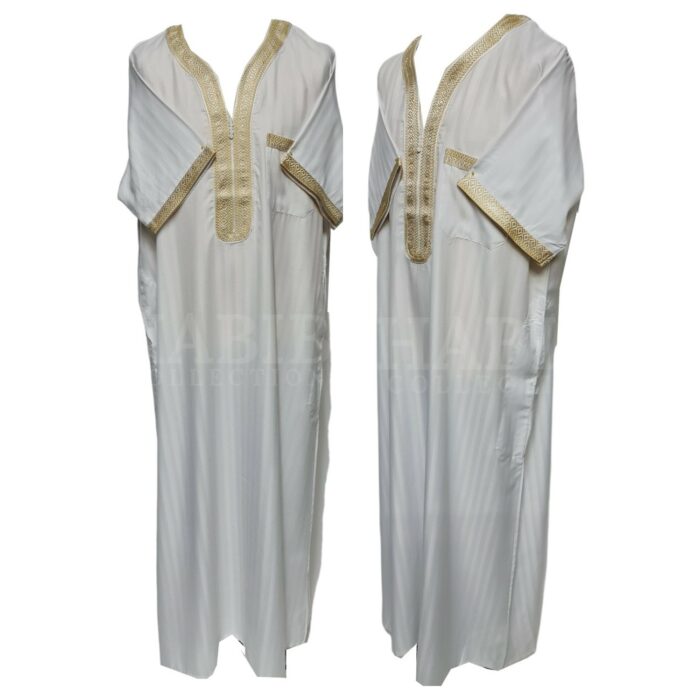 Khaal1 2021 Men Moroccan White Gold Short Sleeves Thobe Jubba Kandora (2)