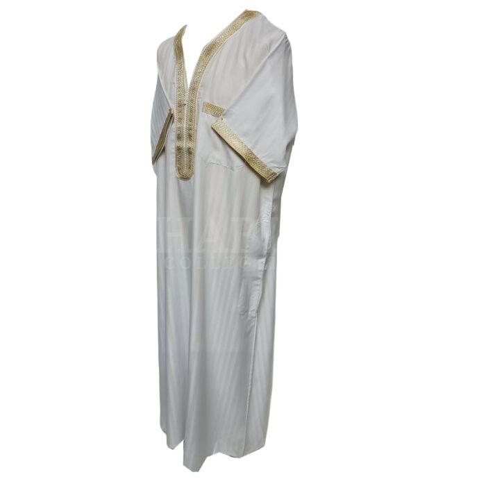 Khaal1 2021 Men Moroccan White Gold Short Sleeves Thobe Jubba Kandora (3)
