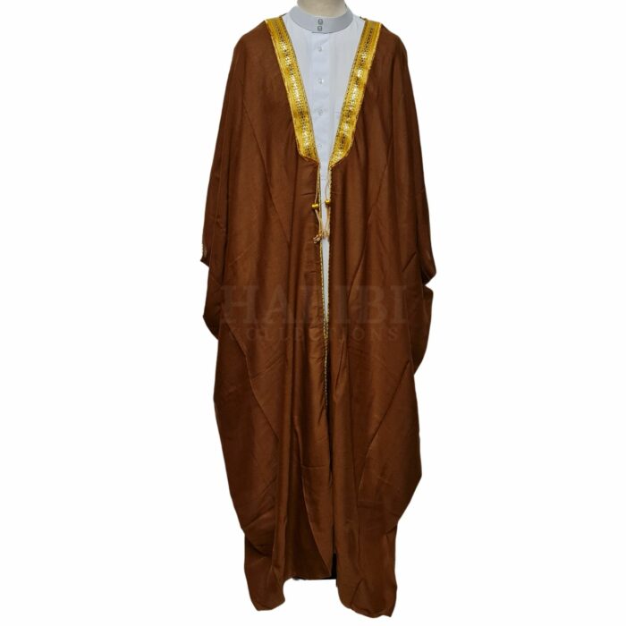 Kharbat Bsht 004 New Men's Bisht Cloak Arab Dress Thobe Islam Robe Eid Kaftan Jacket Wedding Brwn010 (1)