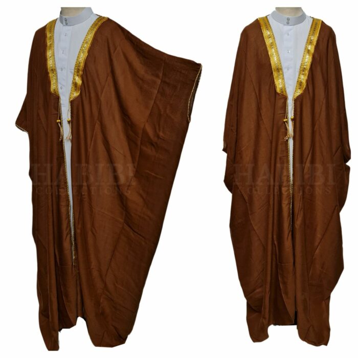 Kharbat Bsht 004 New Men's Bisht Cloak Arab Dress Thobe Islam Robe Eid Kaftan Jacket Wedding Brwn010 (2)
