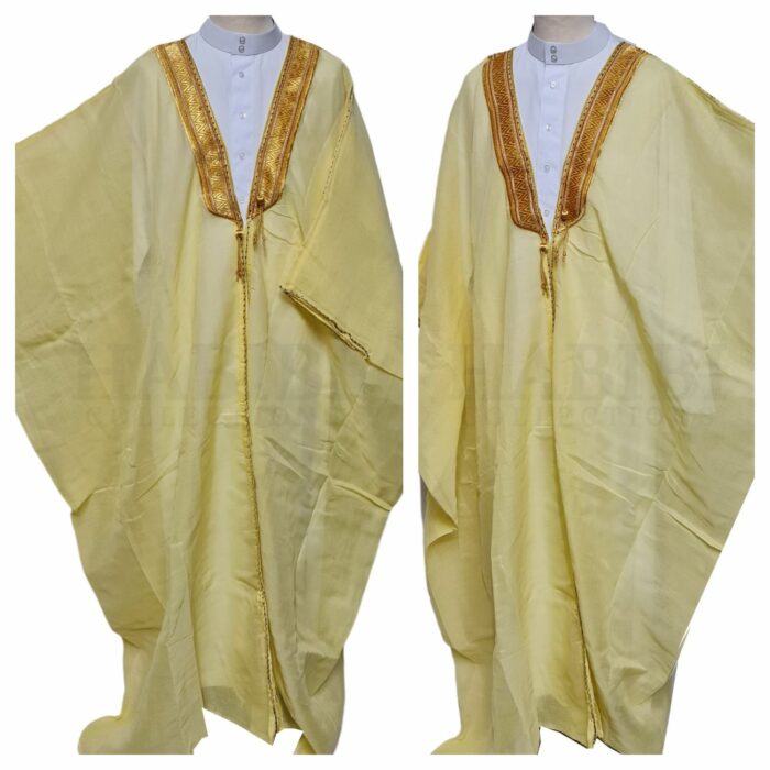 Kharbat Bsht 006 New Men's Bisht Cloak Arab Dress Thobe Islam Robe Eid Kaftan Jacket Wedding Yellow004 (2)