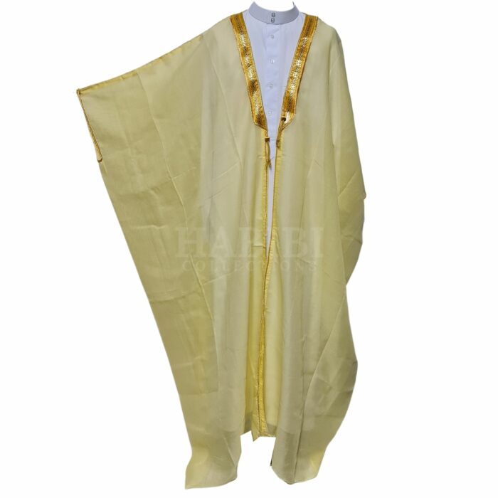 Kharbat Bsht 007 New Men's Bisht Cloak Arab Dress Thobe Islam Robe Eid Kaftan Jacket Wedding Yellow009 (3)