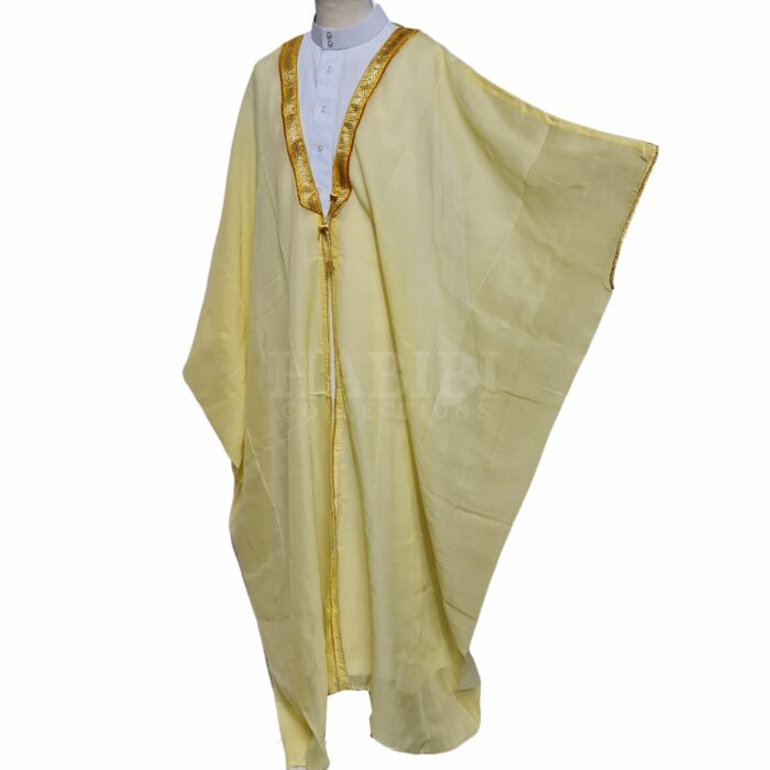 Kharbat Bsht 007 New Men's Bisht Cloak Arab Dress Thobe Islam Robe Eid Kaftan Jacket Wedding Yellow009 (4)