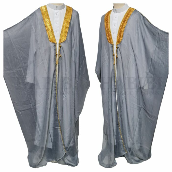 Kharbat Bsht 008 New Men's Bisht Cloak Arab Dress Thobe Islam Robe Eid Kaftan Jacket Wedding Grey006 (1)