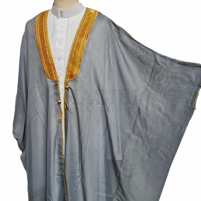 Kharbat Bsht 008 New Men's Bisht Cloak Arab Dress Thobe Islam Robe Eid Kaftan Jacket Wedding Grey006 (3)