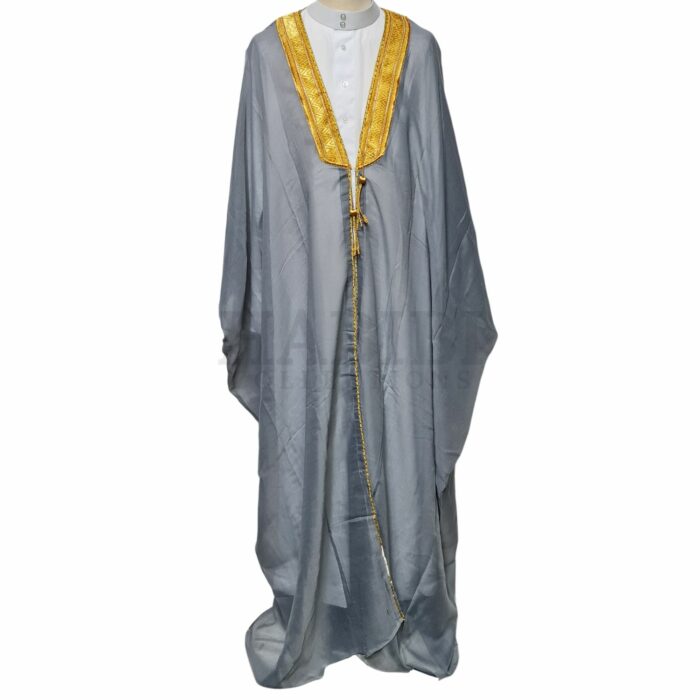 Kharbat Bsht 008 New Men's Bisht Cloak Arab Dress Thobe Islam Robe Eid Kaftan Jacket Wedding Grey006 (6)