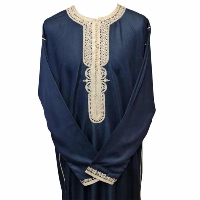 Lngslvctn 004 Zip Front Moroccan Navy Blue Long Sleeve Cotton Thobe Jubba Dishdasha Kandorah (3)