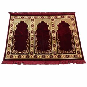 Large Burgundy Dark Red Multicoloured Islamic Prayer Mat Rug Musallah Janamaaz (3 People)