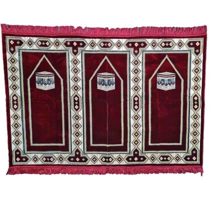 Large Burgundy Green Multicoloured Islamic Prayer Mat Rug Musallah Janamaaz (3 People) (6)