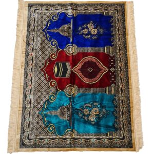 Large Red Blue Beige Multicoloured Islamic Prayer Mat Rug Musallah Janamaaz (3 People) (1)