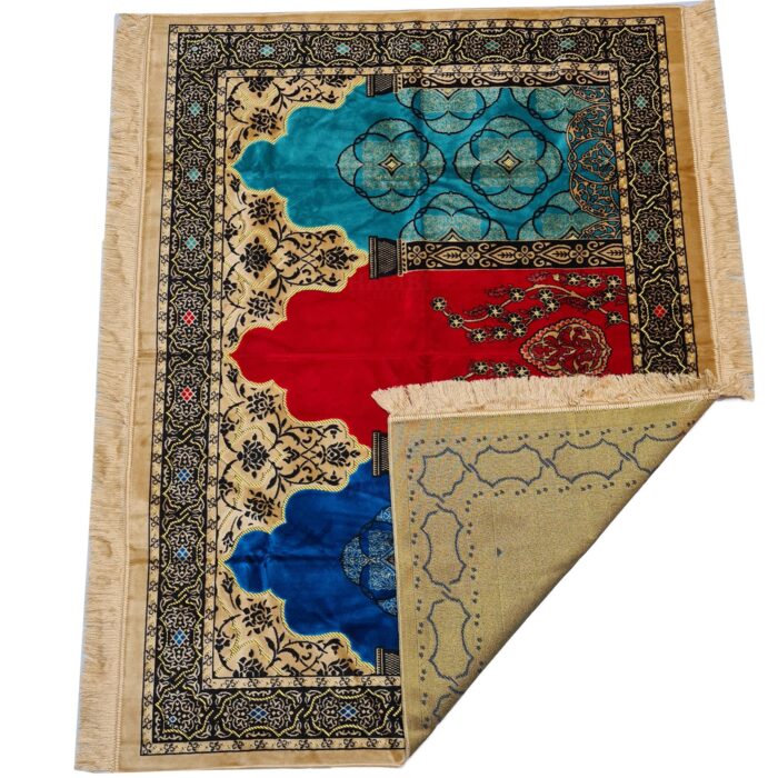 Large Red Blue Beige Multicoloured Islamic Prayer Mat Rug Musallah Janamaaz (3 People) (1)