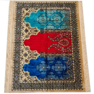 Large Red Blue Beige Multicoloured Islamic Prayer Mat Rug Musallah Janamaaz (3 People) (2)