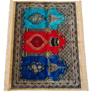 Large Red Blue Beige Yellow Multicoloured Islamic Prayer Mat Rug Musallah Janamaaz (3 People) (2)