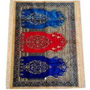 Large Red Blue Beige Yellow Multicoloured Islamic Prayer Mat Rug Musallah Janamaaz (3 People) (2)