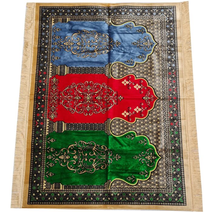 Large Red Blue Green Beige Yellow Multicoloured Islamic Prayer Mat Rug Musallah Janamaaz (3 People) (2)