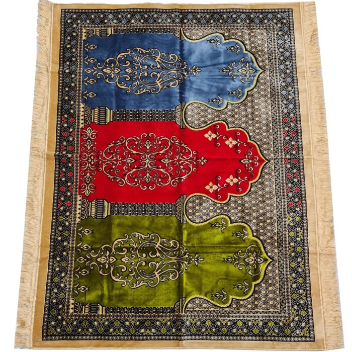 Large Red Green Blue Beige Multicoloured Islamic Prayer Mat Rug Musallah Janamaaz (3 People) (1)