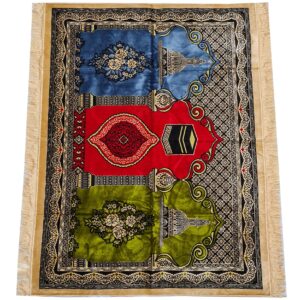 Large Red Green Blue Beige Multicoloured Kaba Islamic Prayer Mat Rug Musallah Janamaaz (3 People) (1)