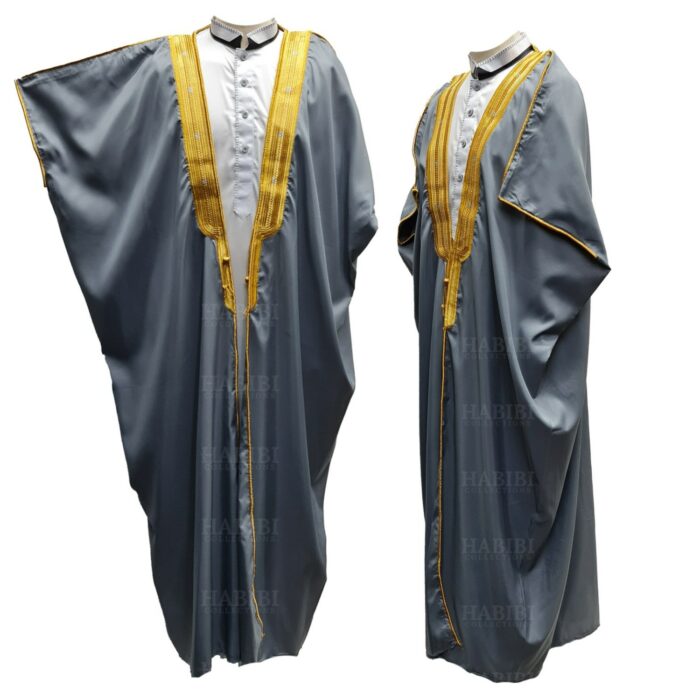 M21 Bisht 3qsslv 056 Men’s Premium 3 Quarter Sleeve Arabian Bisht Grey Gold Cloak Arab Dress Thobe Islam Robe Eid