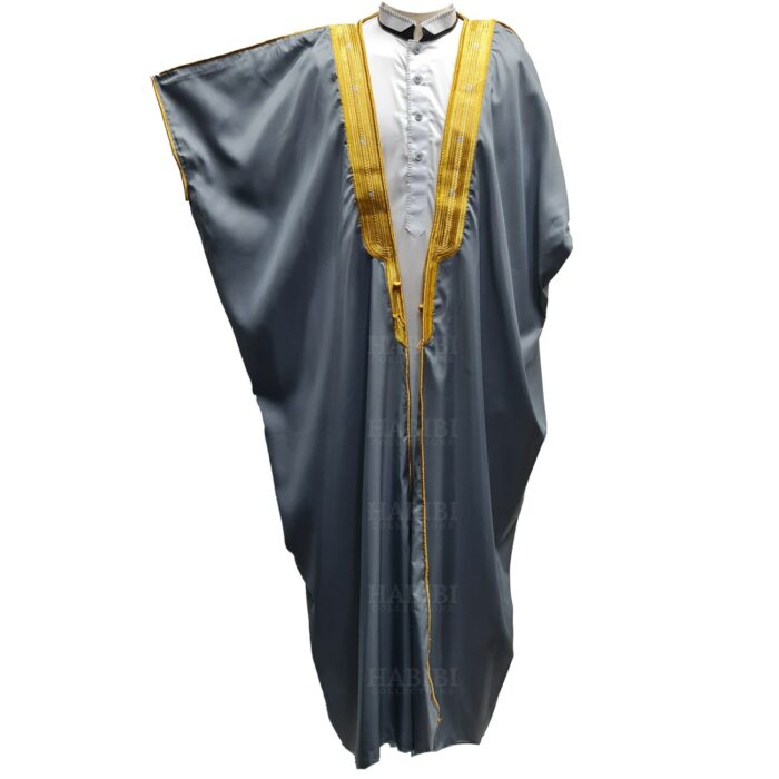 M21 Bisht 3qsslv 056 Men’s Premium 3 Quarter Sleeve Arabian Bisht Grey Gold Cloak Arab Dress Thobe Islam Robe Eid 234337