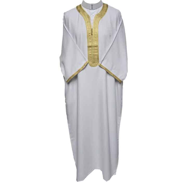 M3qs Azdwht 0025 Moroccan Cotton Blend White 3 Quarter Sleeves Thobe Jubba Kandorah Dishdasha (6)