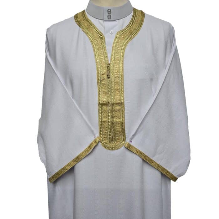 M3qs Azdwht 0025 Moroccan Cotton Blend White 3 Quarter Sleeves Thobe Jubba Kandorah Dishdasha (7)